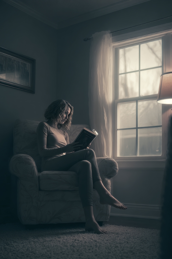 A woman reading a book in an armchair - for Grey's Reach Books