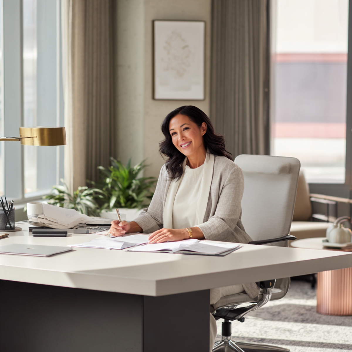 a woman sitting at a desk for submit your manuscript page